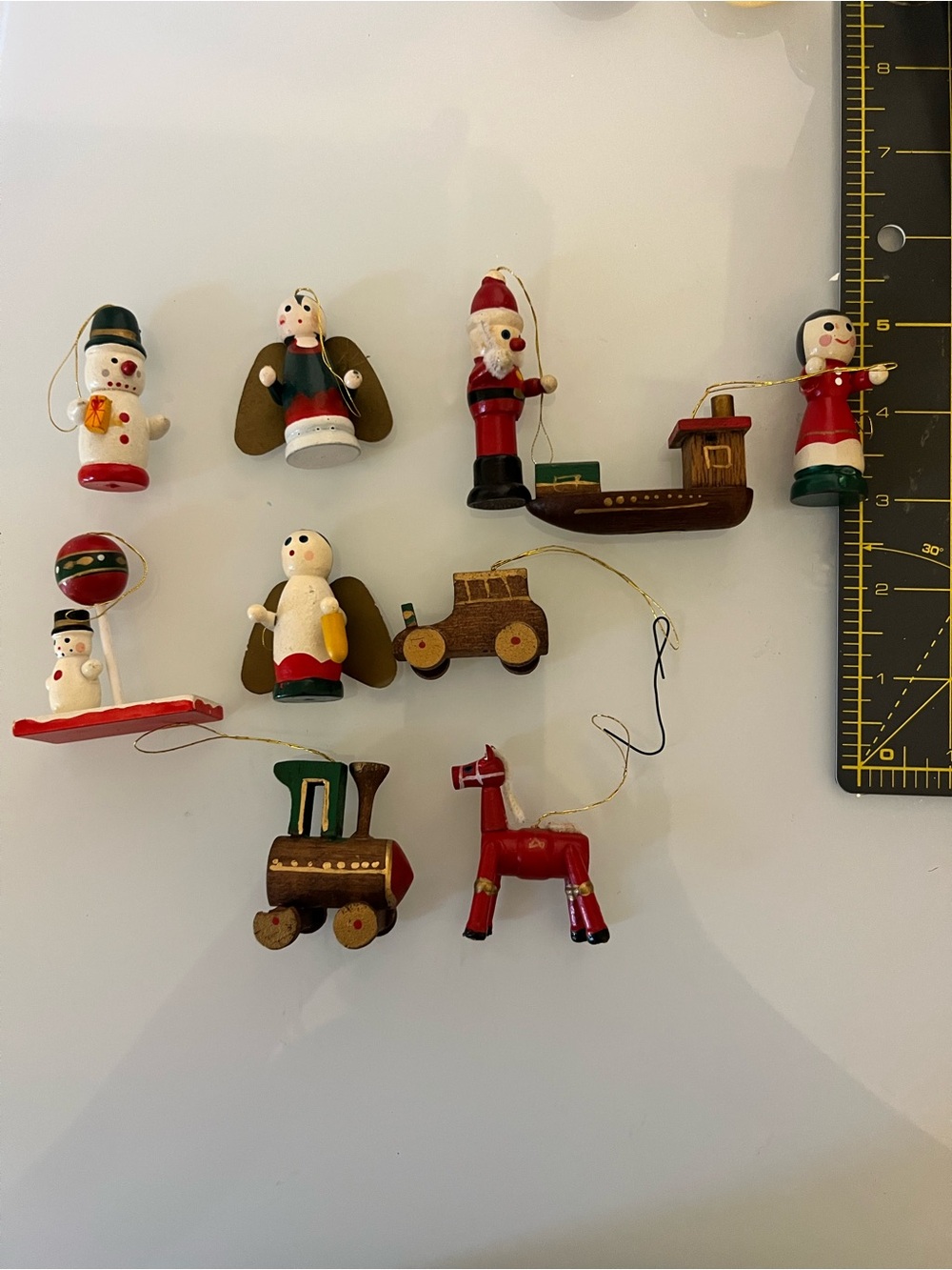 10 Vintage Wooden Christmas Toy Ornaments - Red, Green, White wood set